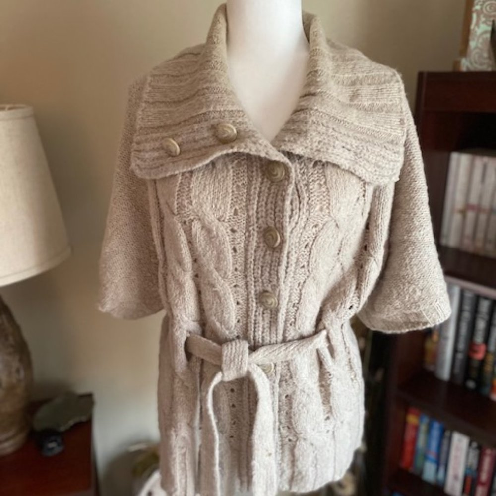 Apt.9 - Tan Button Down Short Sleeved Sweater with Tie